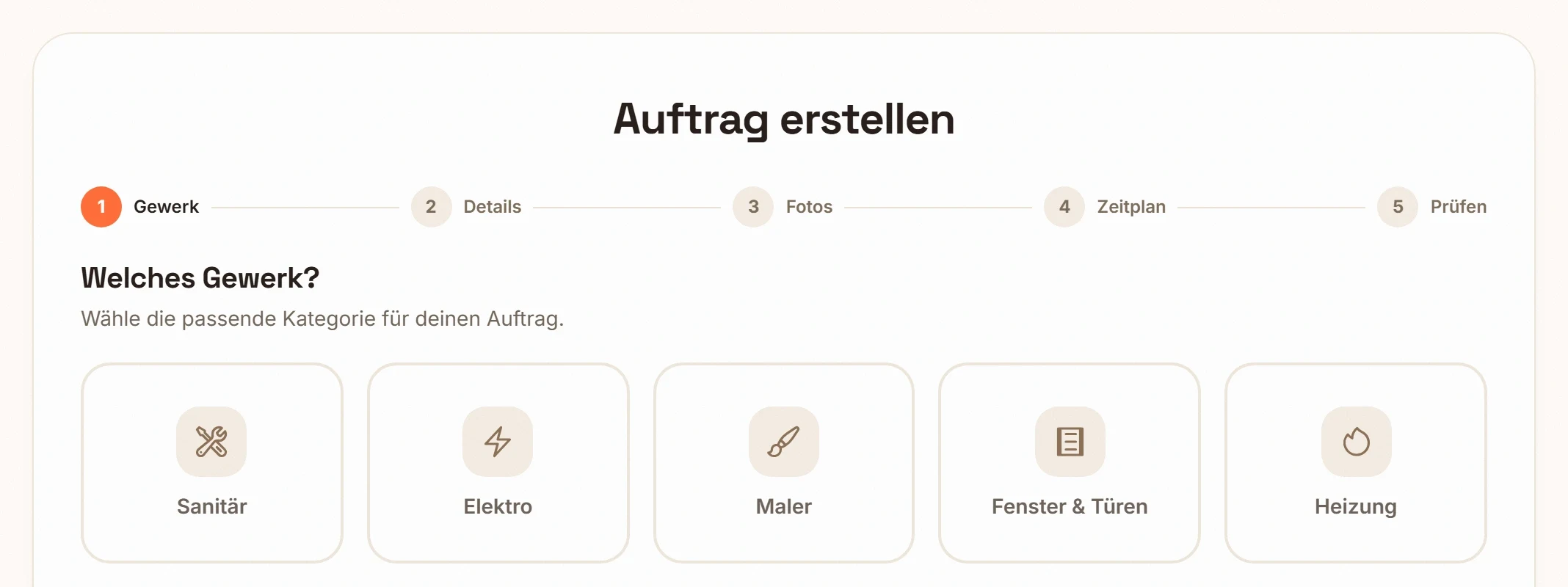 Auftragsformular: Gewerk wählen, Details beschreiben, Fotos anhängen